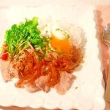 ワンプレート☆豚肉の照焼きオニオンソース。温玉乗せ